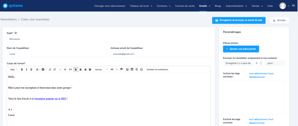 envoyer un email avec systeme.io