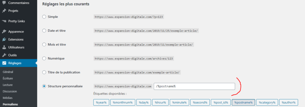 réglages permaliens wordpress